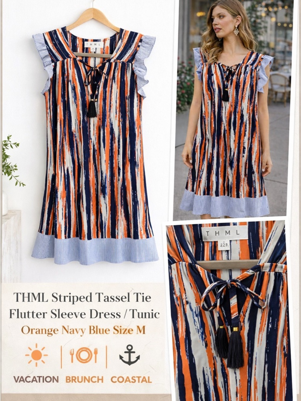 THML Striped Tassel Tie Dress with Seersucker Trim Sz M - Picture 3 of 9